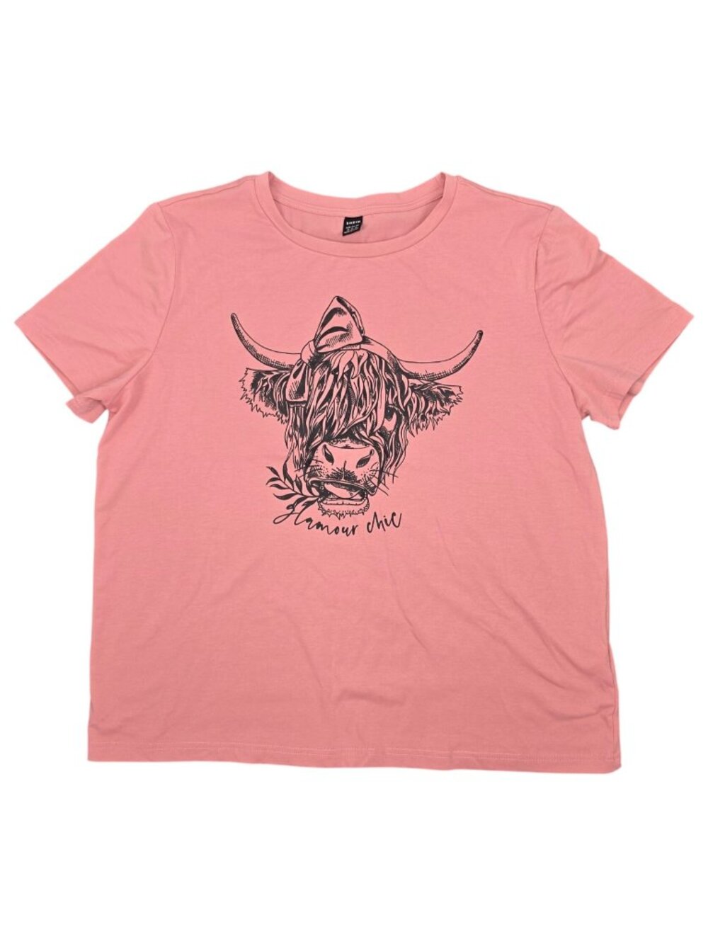 Women's Shein Highland Cow Glamour Chic Pink Tee T-Shirt Top Size XL Soft Cute